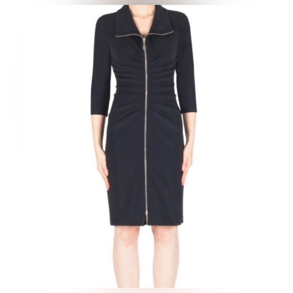 Joseph Ribkoff Black Ruched Zip Front Stretch 3/4 Sleeve Form Fitting Dress Sz 2